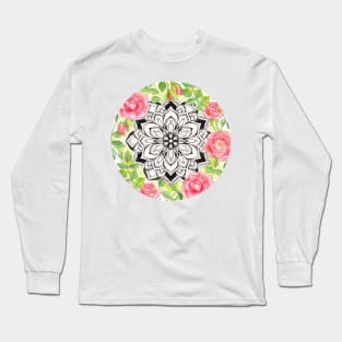 Peach Pink Roses and Mandalas on Lime Green and White Long Sleeve T-Shirt